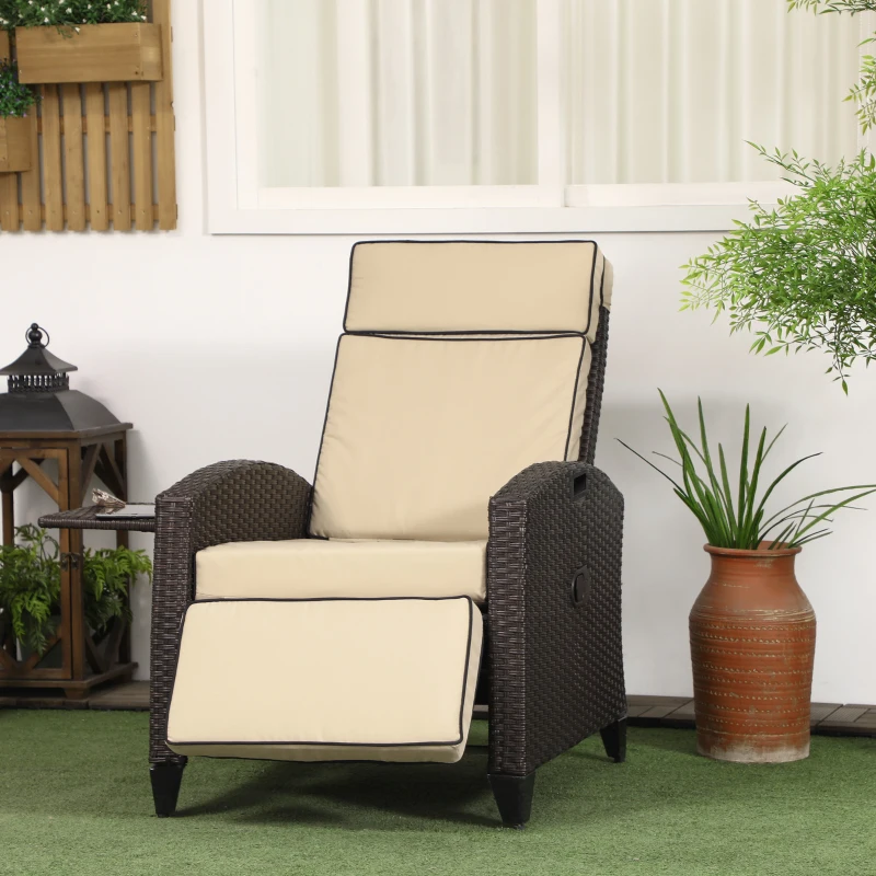 Outsunny Outdoor Recliner Chair with Adjustable Backrest, Cushion, Side Tray, Khaki