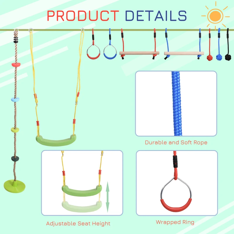 Outsunny Ninja Warrior Obstacle Course Slackline Line for Kids with Monkey Bars Gymnastics Rings Swing Climb Rope Fists Training Equipment Set for Backyard Playground