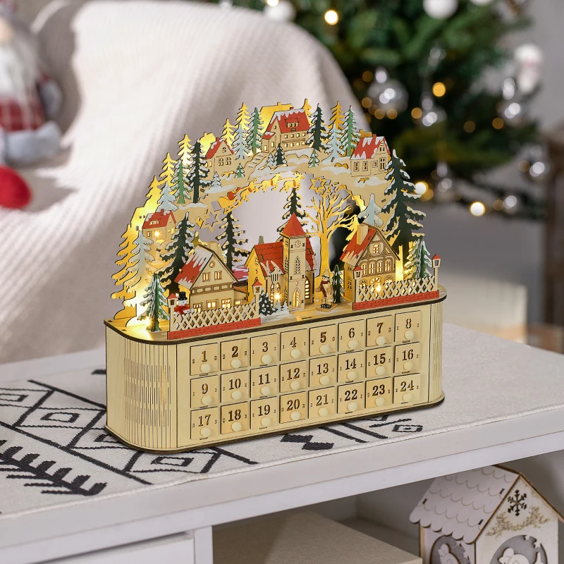 HOMCOM Christmas Advent Calendar, Countdown to Christmas Table Decoration with 24 Drawers, Lights, Battery Operated