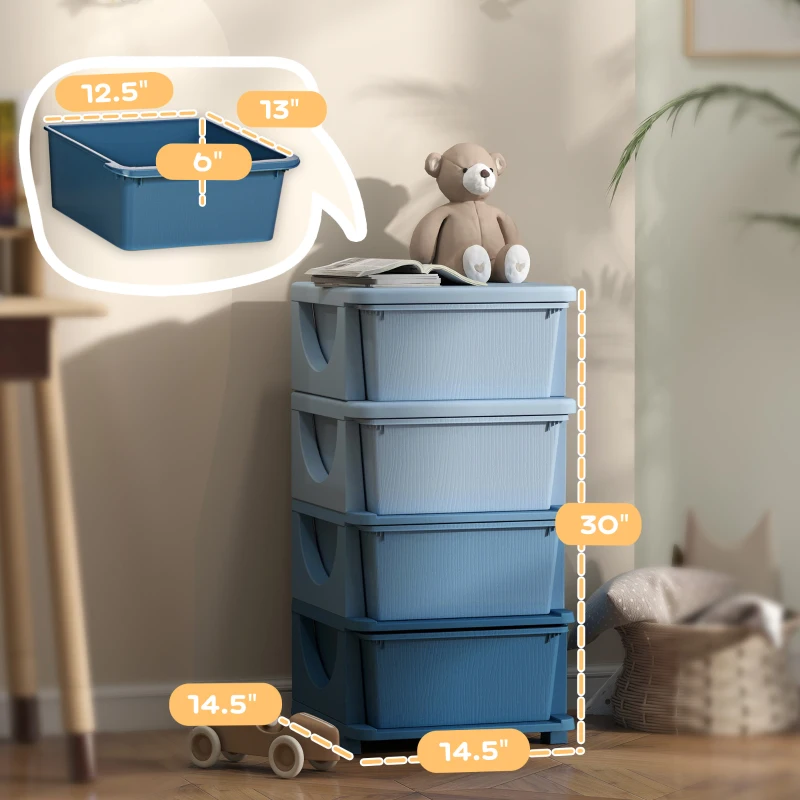 Qaba 30" 4 Tier Kids Storage Unit Dresser Tower w/ 4 Drawers, Blue