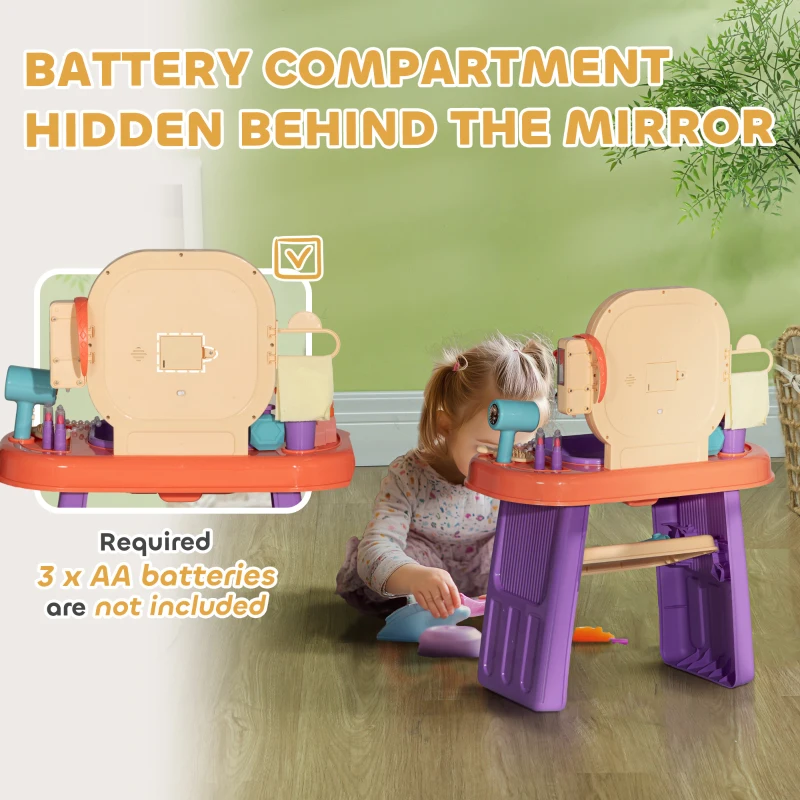 Qaba Kids Vanity Set with Mirror, LED Light, Music, 23 Accessories, Pretend Play Set for Girls 3-6 Years, Purple