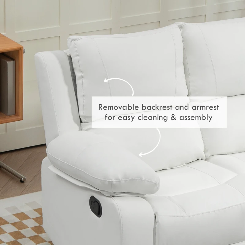 HOMCOM PU Leather Manual Recliner Sofa, Double Reclining Loveseat with Pullback Control Footrest for Living Room, White