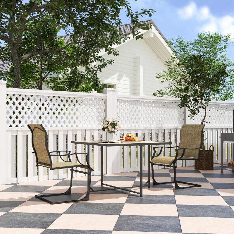 Outsunny C Spring Patio Dining Chairs Set of 2 with High Backrest, Armrest, Breathable Fabric & Metal Frame, 256LBS, Light Brown