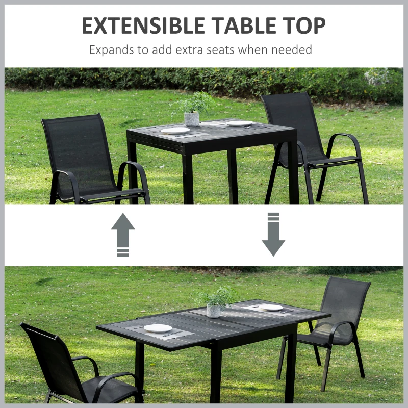 Outsunny Extendable Dining Table Metal Outdoor Slat Table for 4-6 Person Rectangular Lawn Garden Bistro Patio Table with Aluminum Frame, Black