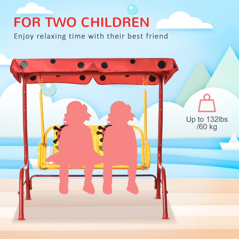 Outsunny Porch Swing for Kids with Adjustable Canopy to Block Sun at Angles, Kids Swing Chair with Seatbelts, Ladybug Pattern, Gift for Kids Ages 3-6, Red