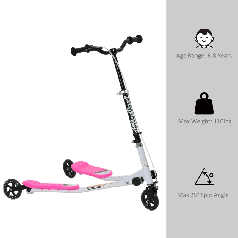 HOMCOM Y Fliker Scooter, Outdoor Swing Wiggle Scooter, 3 Wheel Scooter for 6-8 Years Old, Pink