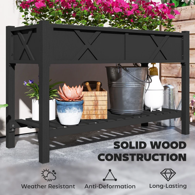 Outsunny Raised Garden Bed, 47 x 22 x 31.5 in. Elevated Wood Planter Box with Storage Shelf, Drainage Holes, and Liner, Black