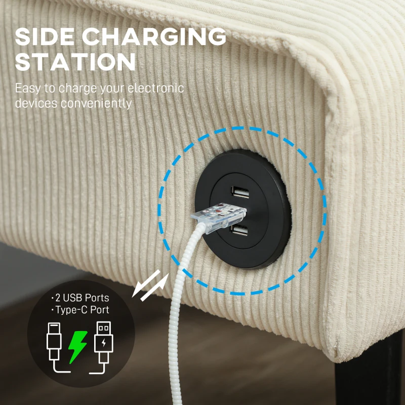 HOMCOM 46.5" Loveseat Couch with USB Ports, Corduroy Love Seat Sofa with Wood Legs for Living Room, Bedroom, Small Space, Cream