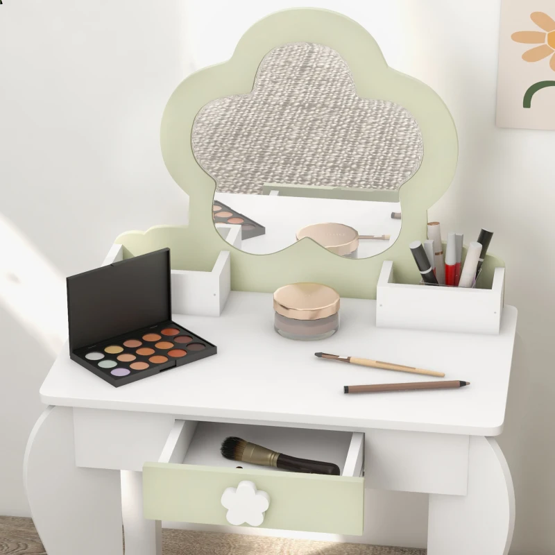 Qaba Kids Makeup Vanity Set with Stool, Mirror, Drawer, Storage Boxes, White