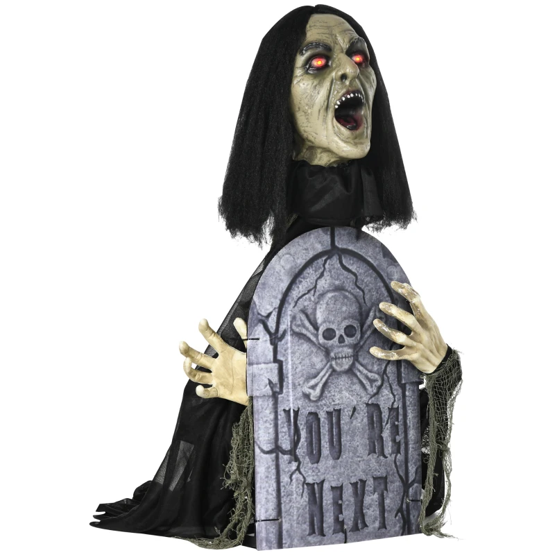 Outsunny 30" Life Size Outdoor Halloween Decorations Female Ghost with Tombstone, Animated Prop Animatronic Decor with Sound and Motion Activated Light Up Eyes, Spooky Sound