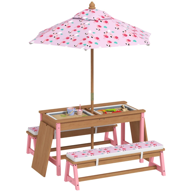 Qaba Kids Picnic Table Set with Foldable Umbrella, Removable Cushions & Boxes, Flamingo Theme, Pink