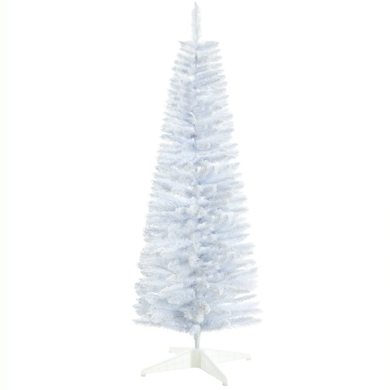 HOMCOM 5' Decorated Christmas Tree Snow Flocked Artificial Christmas Tree with Pencil Shape, Realistic Branches, White