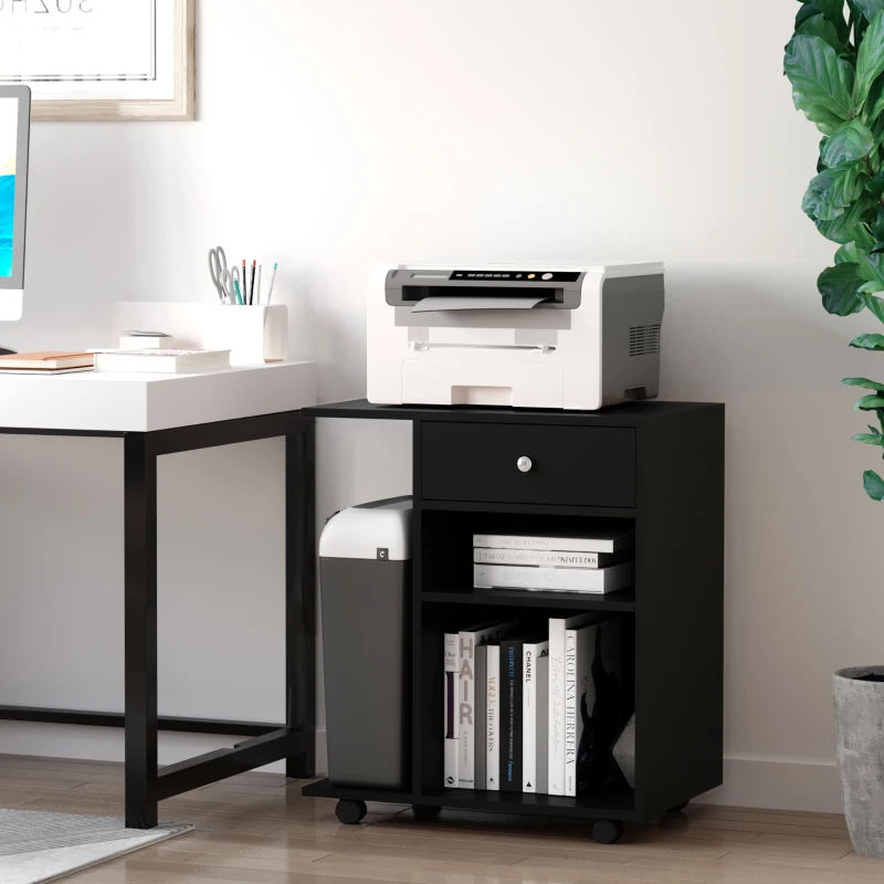 Vinsetto Mobile Printer Stand, Rolling File Cabinet Cart with Wheels, Adjustable Shelf, Drawer and CPU Stand, Black