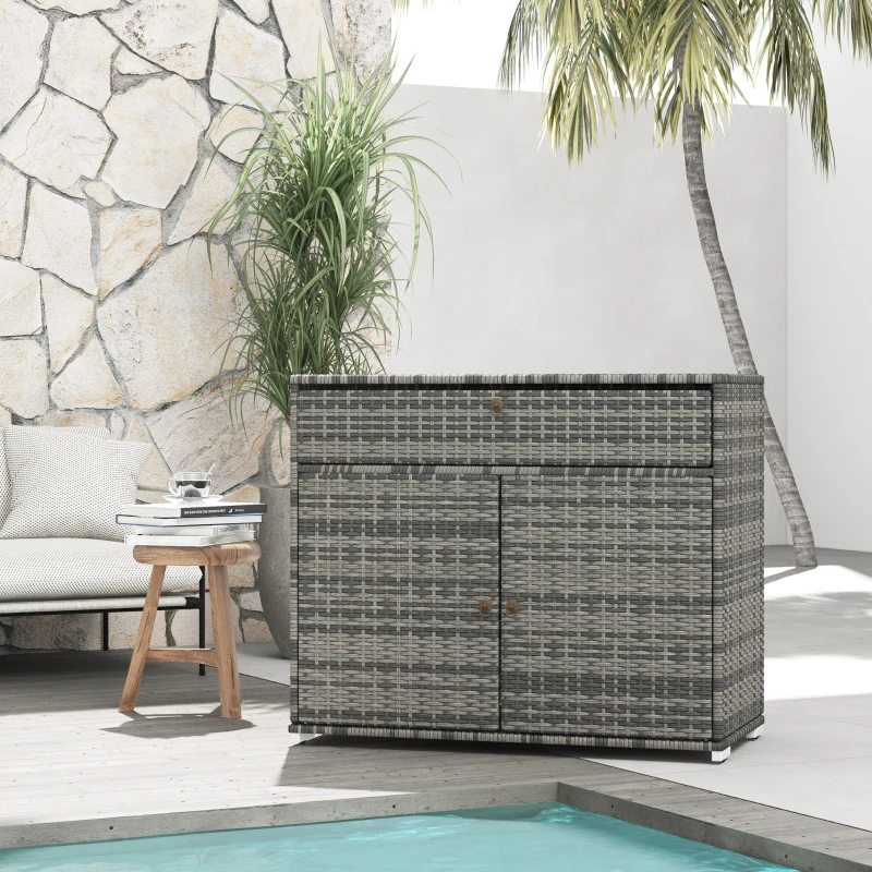 Outsunny Outdoor Storage Cabinet, Waterproof PE Rattan Cabinet with Drawer for Indoor, Outdoor Swimming Pool, Gray