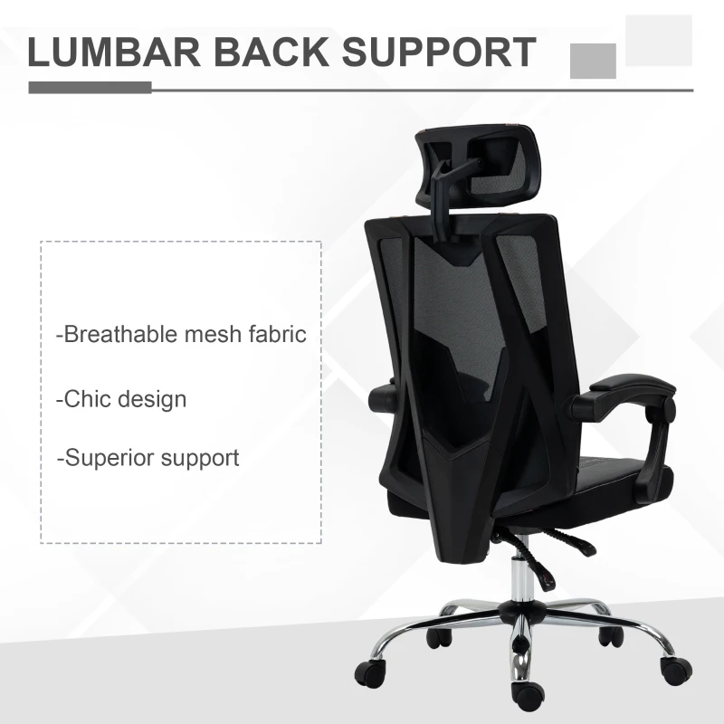 Vinsetto Mesh Office Chair Ergonomic Desk Chair with Rotate Headrest, Lumbar Support & Adjustable Height, 360° Swivel Computer Chair