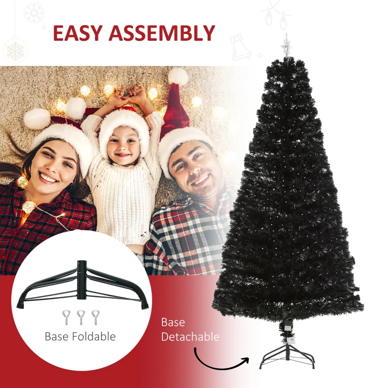 HOMCOM 7ft Prelit Artificial Christmas Tree with LED Lights, Multicolored Fiber Optics and Realistic Branch Tips, Black