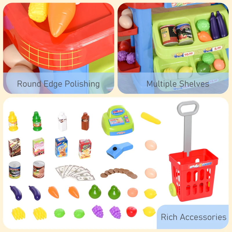 Qaba Supermarket Playset Cash Register Toy for Kids, 50 Pcs Grocery Store Pretend Play Toy with Food, Check-Out Counter, Scanner, Shelves, Gift for Boys Girls Age 3 4 5 6