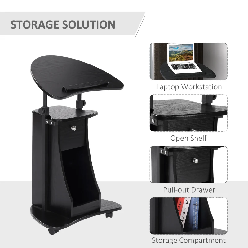 HOMCOM Mobile Laptop Cart, Sit-to-Stand Computer Desk with Drawer, Height Adjustable Rolling Podium Desk Stand with Swivel Top & Storage, Black