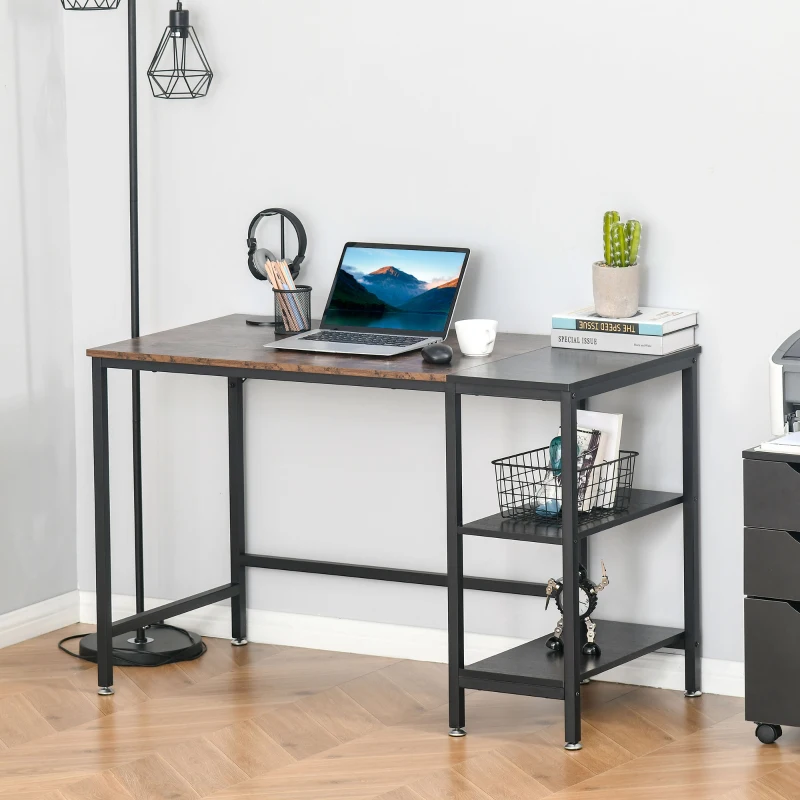 HOMCOM Computer Desk with Storage Shelves, Home Office Desk for Study, Writing, Side Rack on Left or Right, Steel Frame, Rustic Brown