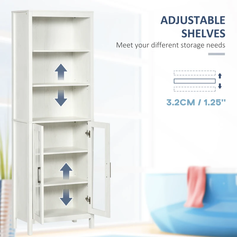 kleankin Tall Bathroom Storage Cabinet with 3 Tier Shelf, Glass Door Cabinet, Freestanding Linen Tower with Adjustable Shelves, Antique White
