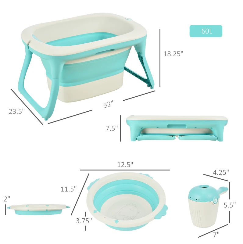 Qaba 4-IN-1 Folding Baby Bathtub 4pcs Esthetic Basin with Sucker Seat Non-Slip Support Safer Portable, Green