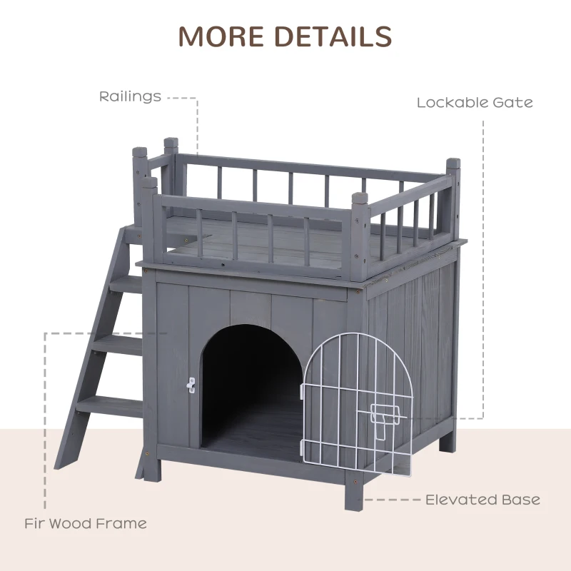 PawHut 2-Story Pet House for Cats Miniature Sized Dogs, Wooden Kitten Shelter with Enclosure, Balcony, Lockable Gate, Stairs, Grey