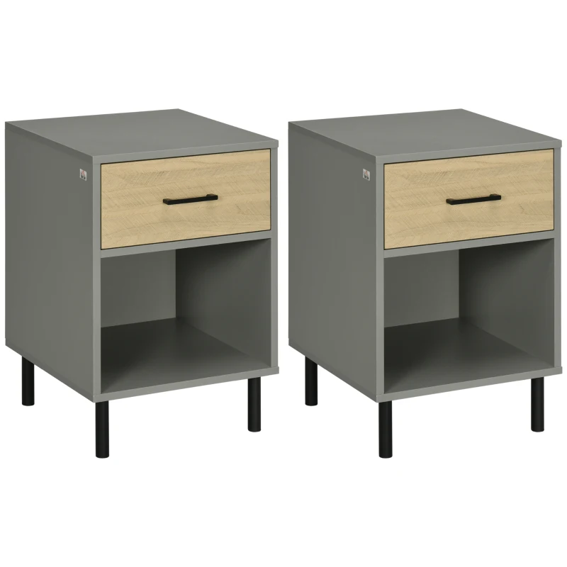 HOMCOM Nightstand Set of 2, Bedside Table with Drawers, Storage Shelf for Bedroom, Grey and Oak
