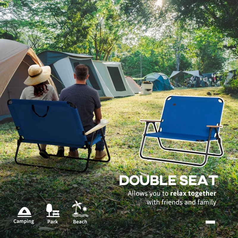 Outsunny Double Folding Camping Chair, Loveseat for 2 Adults, Portable Camping Couch with Wood Armrest & Cupholders, for Backpacking, Beach, Sports Travel, Blue