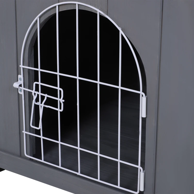 PawHut 2-Story Pet House for Cats Miniature Sized Dogs, Wooden Kitten Shelter with Enclosure, Balcony, Lockable Gate, Stairs, Grey