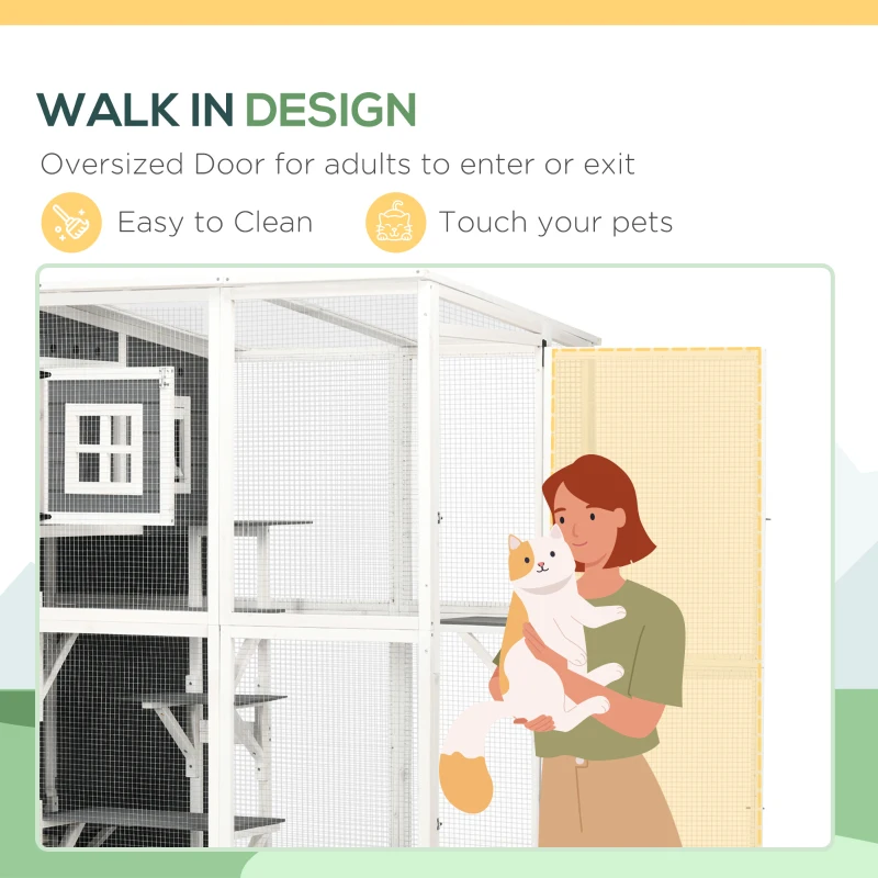 PawHut Catio Outdoor Cat Enclosure Large Cat House Outdoor Wooden Walk-in Kitten Feral Cat Shelter, for Multiple Cats with 7 Perches, Door, Cat Condo and Weather Protection Roof, 66.5" L, Gray