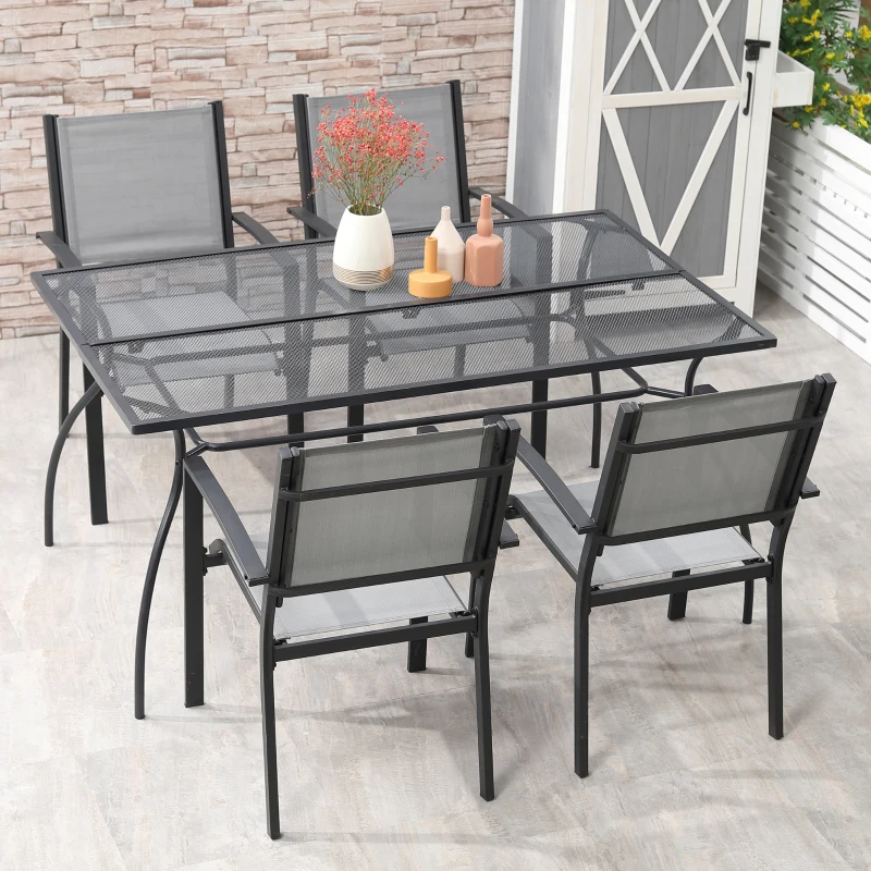 Outsunny 59" Outdoor Dining Table, Metal Frame Rectangular Patio Table for 6 with Mesh Tabletop for Garden, Backyard and Lawn, Black