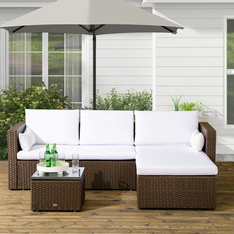 Outsunny 3pcs Modern Rattan Sofa Set, Wicker Patio Furniture Set with Coffee Table, Cushions, Pillows