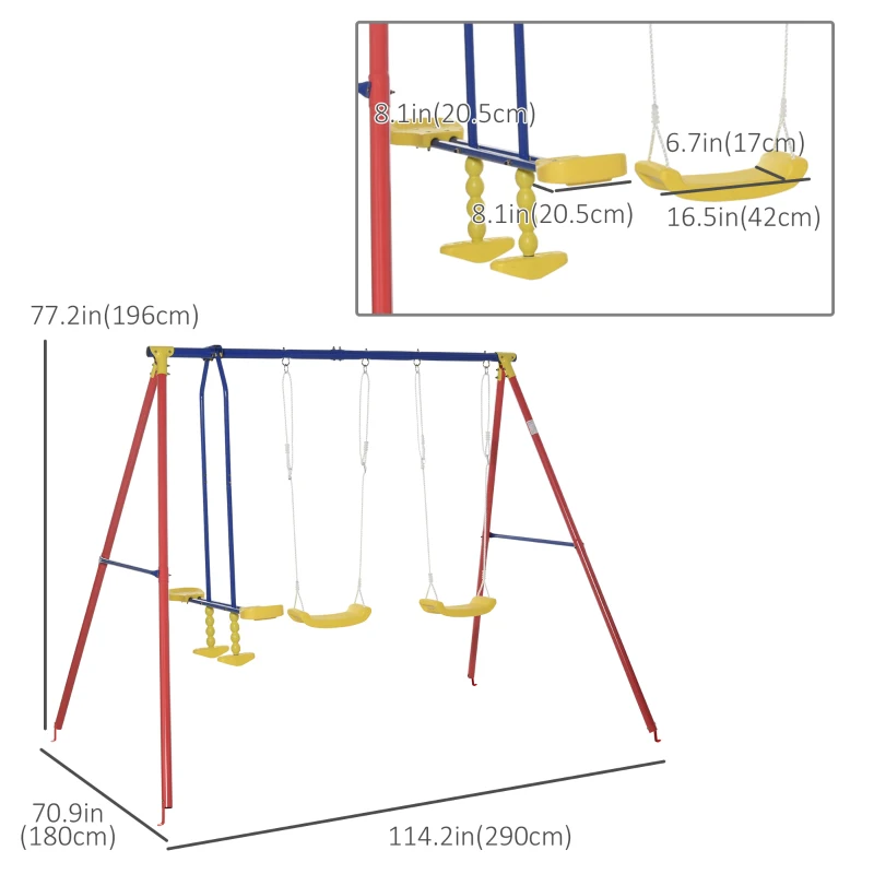 Outsunny Metal Swing Set with 2 Seats Glider A-Frame Stand Adjustable Hanging Rope for Backyard Playground Outdoor Playset for Kid Age 3-8 Years Old 352lbs