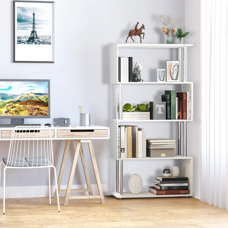 HOMCOM 5-Tiers Geometric Wooden Bookcase S-Shaped Storage Bookshelf Display with Metal Frame for Living Room, Bedroom, Home Office, White