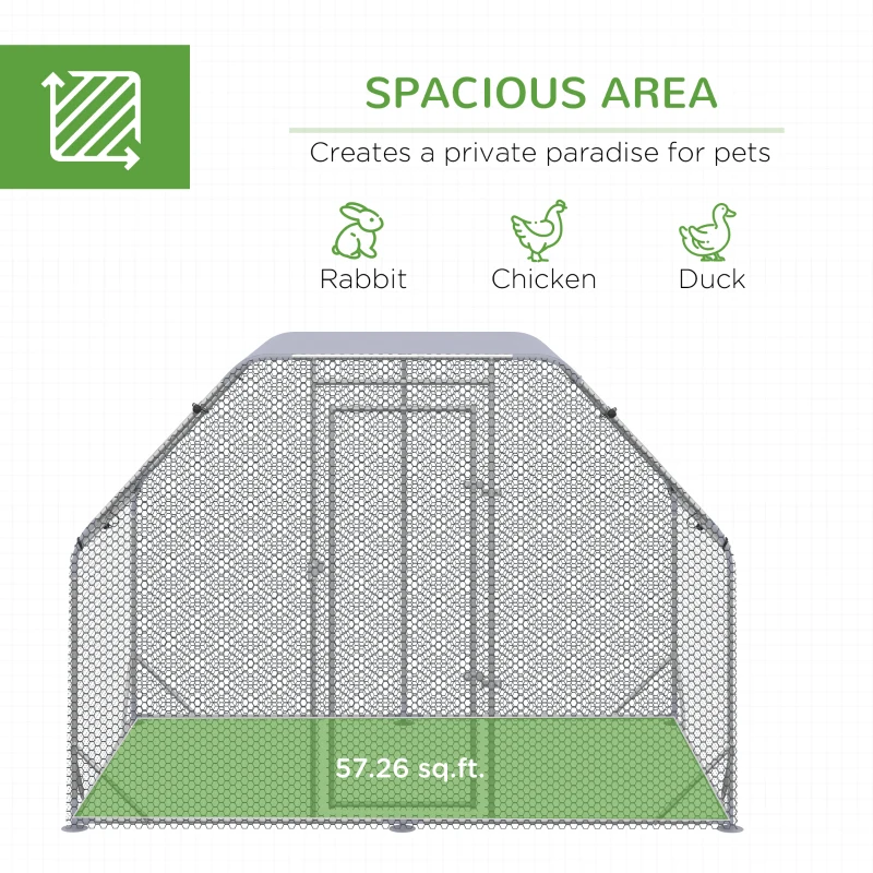 PawHut Chicken Run, Galvanized Large Metal Chicken Coop Cage, Walk-in Enclosure Poultry Hen Run House Playpen Rabbit Hutch with Flat Roof, Cover, 9.2' x 6.2' x 6.5', Silver