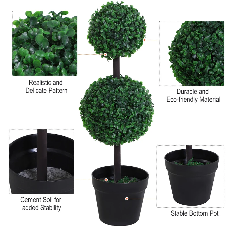 Outsunny 2 Ball Topiary Tree in Pot for Home Decor, Artificial Plant for Home Office, Living Room Decor, Dark Green
