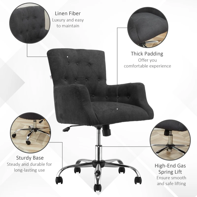 HOMCOM Mid Back Task Chair, Modern Home Office Chair with Tufted Button Design and Padded Armrests, Swivel Computer Desk Chair for Study Living Room Bedroom, Carbon Black