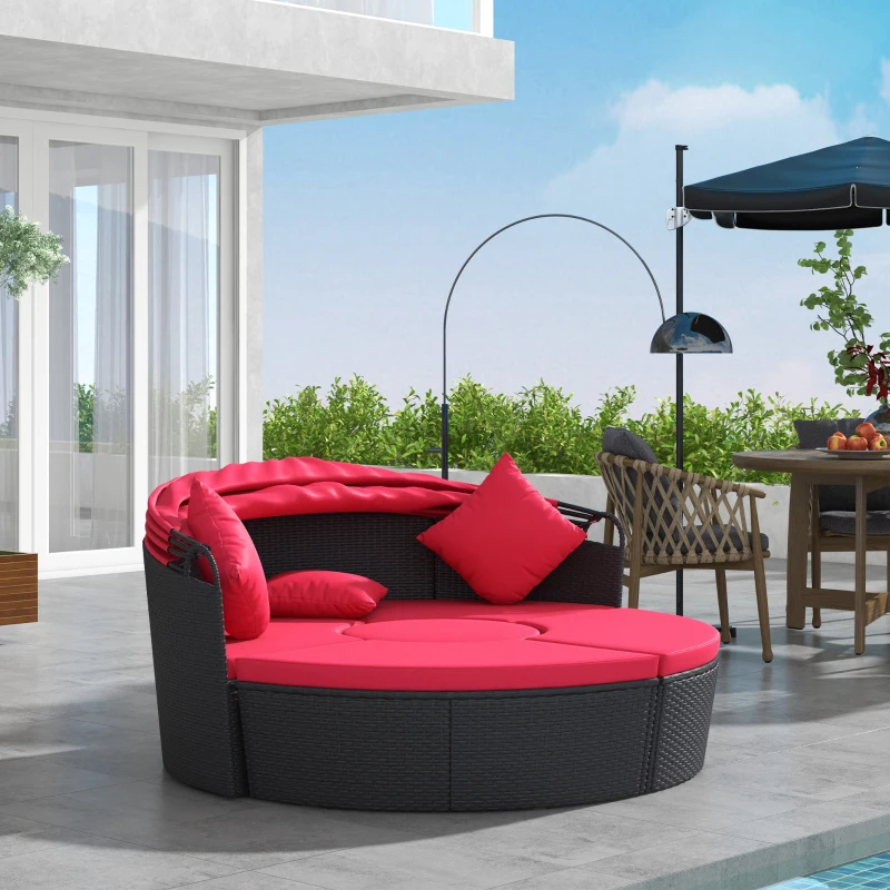 Outsunny 4-piece Round Sofa Bed, Outdoor Daybed with Retractable Canopy, PE Rattan Wicker Patio Lounge Chair