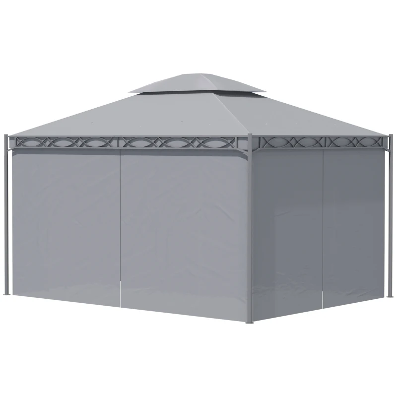 Outsunny 10'x13' Soft-top Patio Gazebo Double-Tiered covered Steel Gazebo with Curtain, Grey