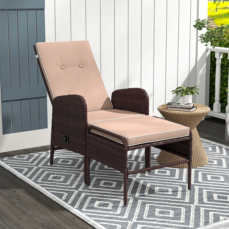Outsunny 2 Pieces Patio Reclining Chair Set with Stool, Cushions, Outdoor Wicker Conversation Armchair Set, Brown