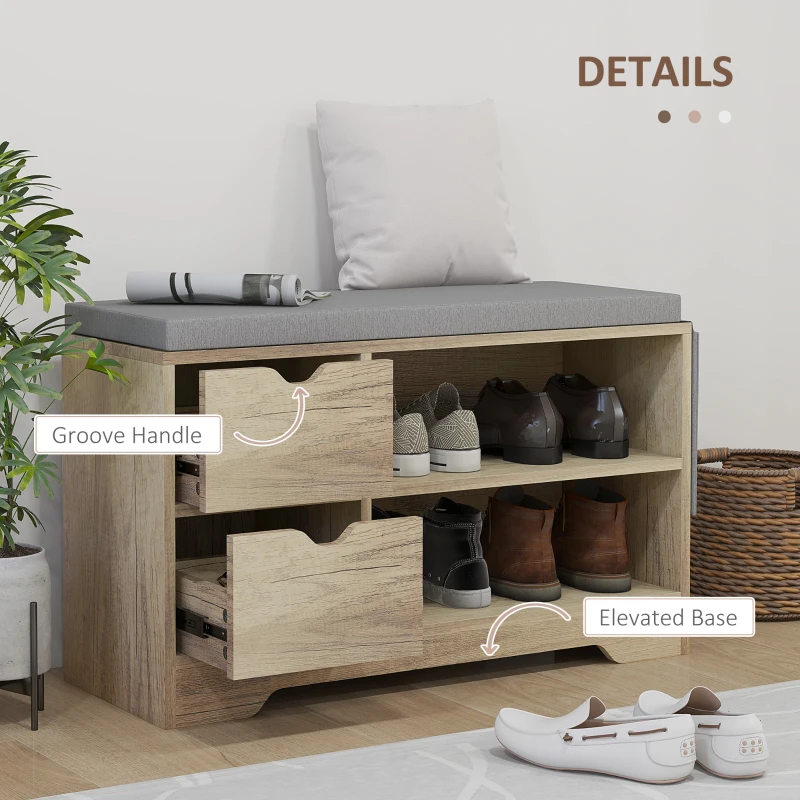 HOMCOM Upholstered Shoe Storage Bench w/ Seat, Entrance Bench w/ Drawer Open Shelves and Pocket for Hallway, Grey