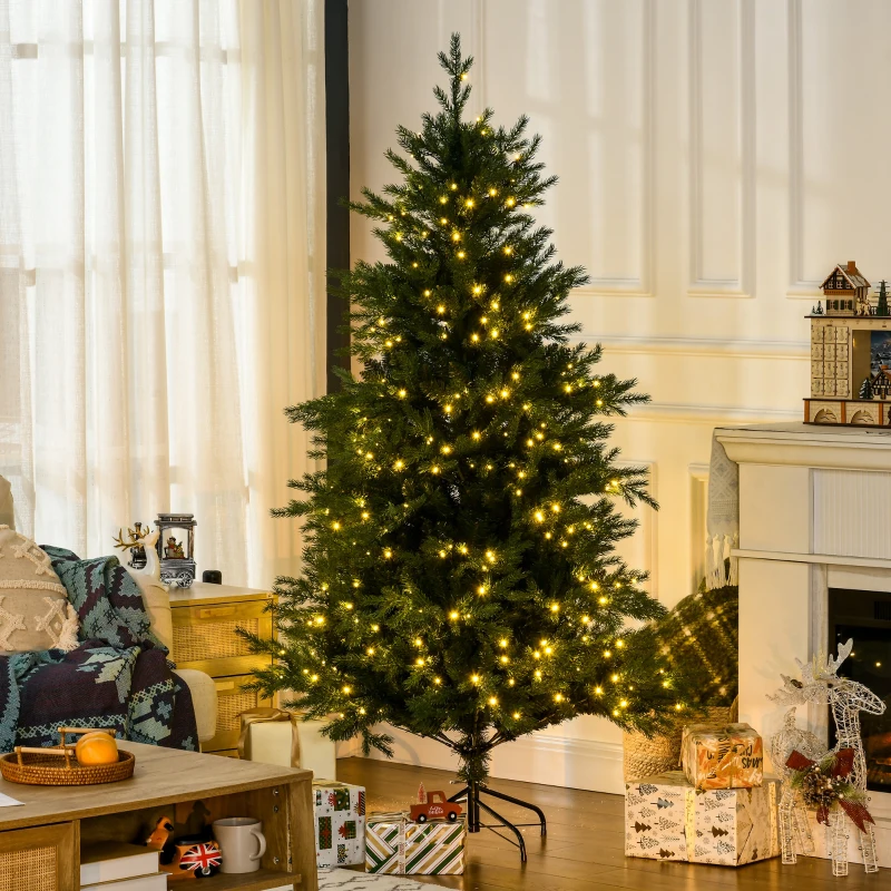 HOMCOM 6' Artificial Prelit Christmas Trees Holiday Decor with Warm White LED Lights, Auto Open, 8 Light Modes