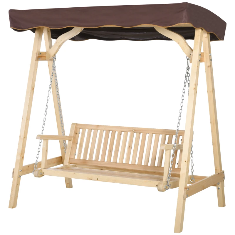 Outsunny Wooden Porch Swing Bench, 2-Seater Outdoor Swing Glider with Adjustable Canopy, Adjustable Hanging Chains, A-Frame, for Garden, Poolside, Backyard, Brown