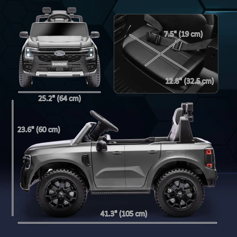 Qaba Ford Ranger Licensed 12V Ride on Car Battery Powered Kids Truck w/ Rear Storage Remote, Spring Suspension, Grey