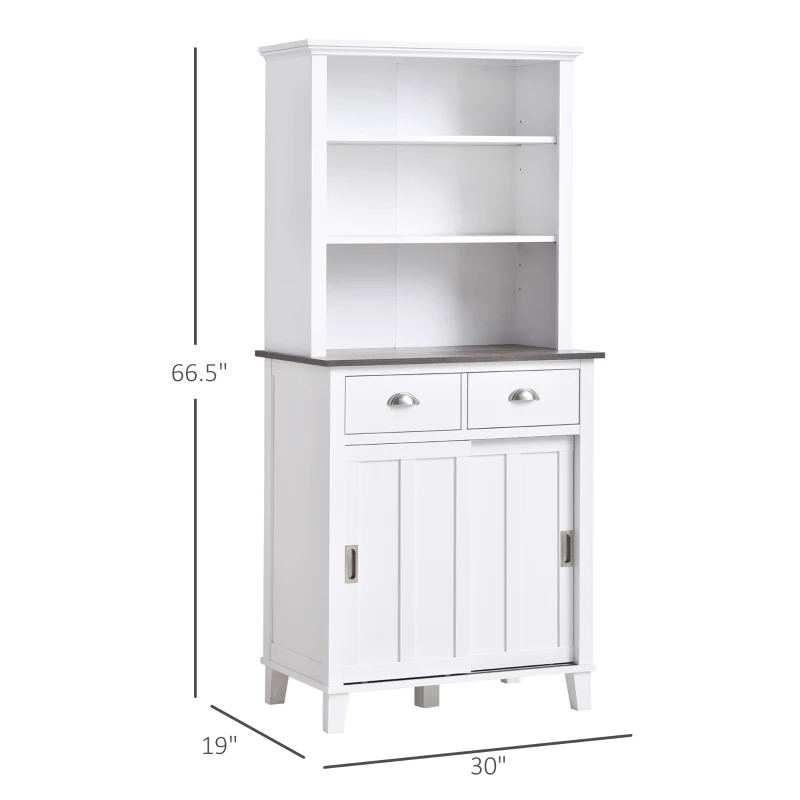 HOMCOM 67" Freestanding Buffet with Hutch, Kitchen Pantry Storage Cabinet with Sliding Doors, Drawers and Open Shelves, Adjustable Shelving, White