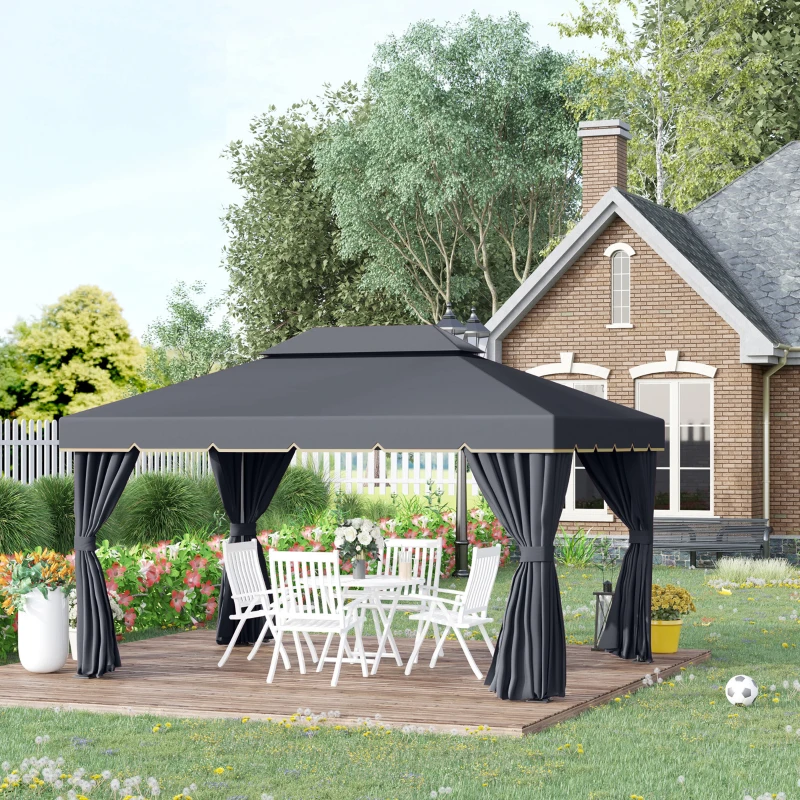 Outsunny 13' x 10' Outdoor Patio Gazebo Canopy with 2-Tier Polyester Roof, Vented Mesh Sidewall & Strong Aluminum Frame, Black