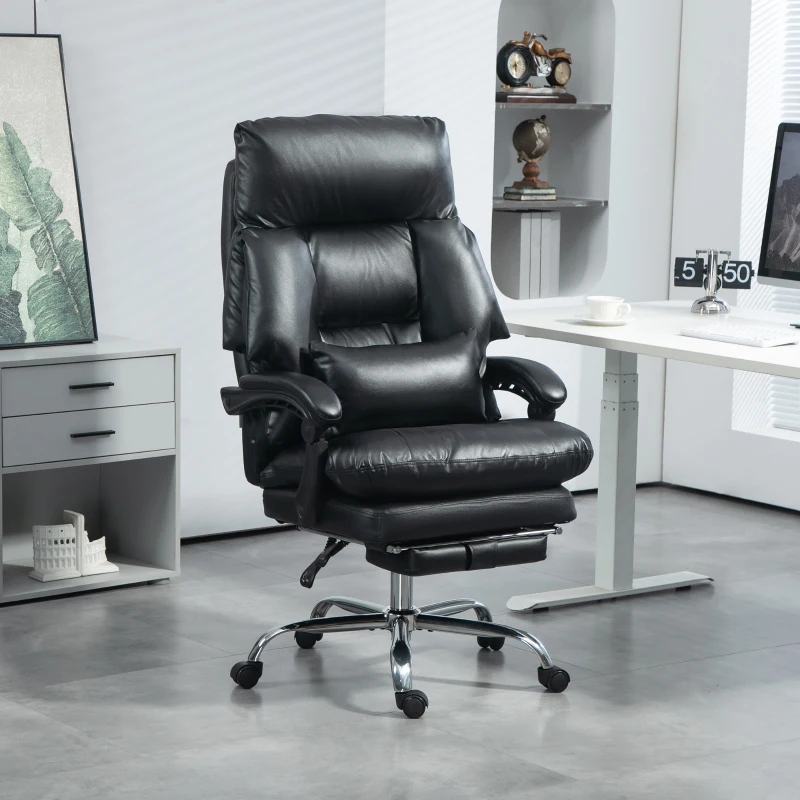 HOMCOM Overstuffed Office Chair, High Back Desk Chair with Foot Rest, Reclining PU Leather Computer Chair, Black