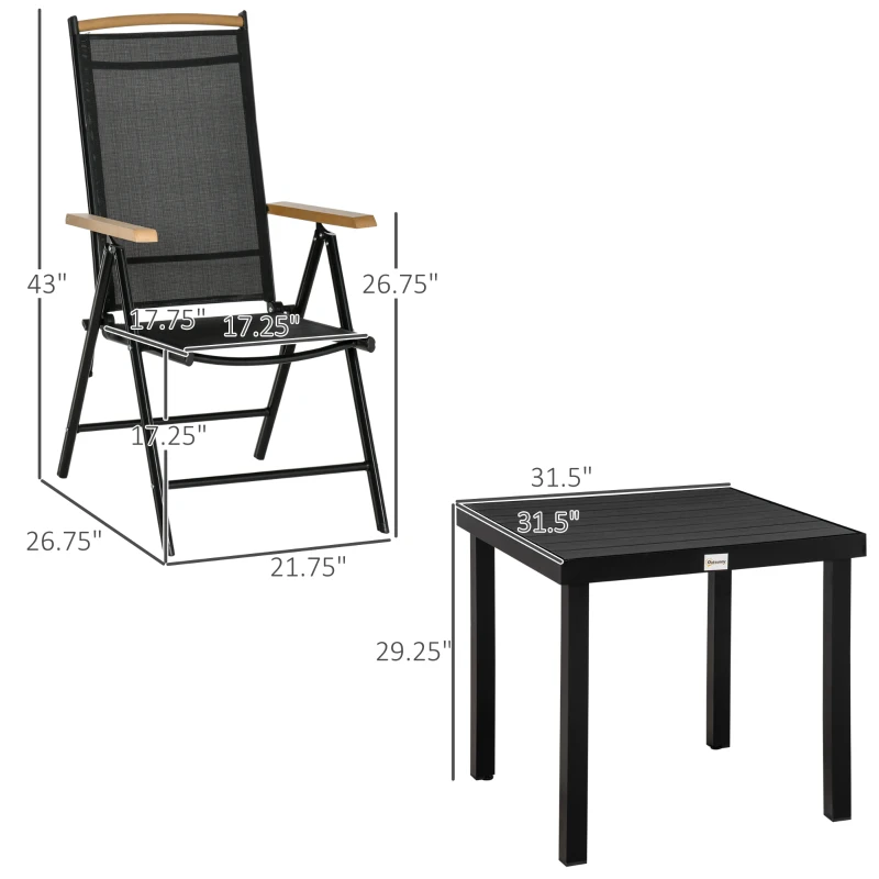 Outsunny 5 Piece Outdoor Furniture Patio Dining Set For 4, Square Outdoor Dining Table, Adjustable Reclining Folding Chairs, Black