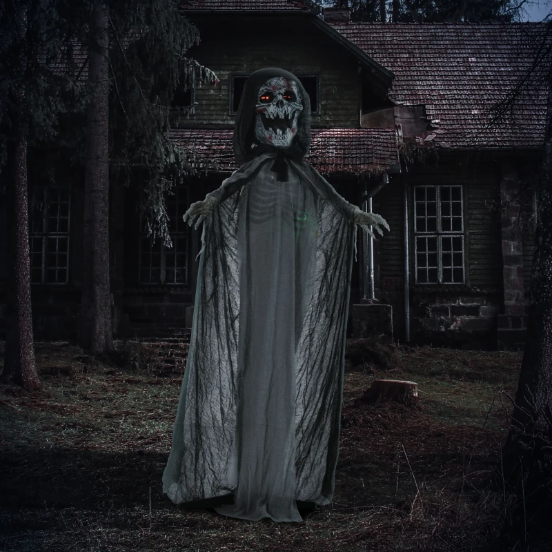 Outsunny 74" Life Size Outdoor Halloween Decorations Skeleton Witch, Animated Prop Animatronic Decor with Sound and Motion Activated, Light Up Eyes and Chest, Howling and Chain Sound