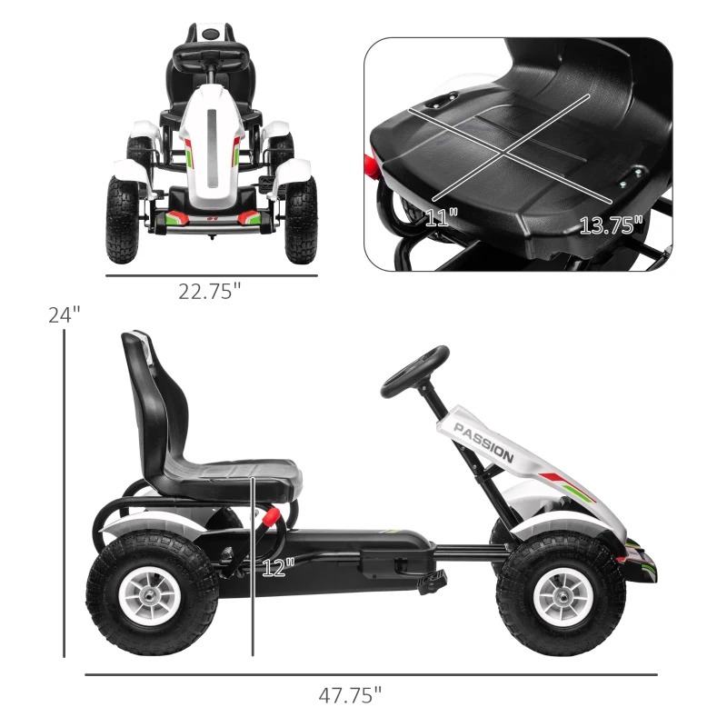 Aosom Kids Pedal Go Kart W/ Adjustable Seat, Rubber Wheels, White